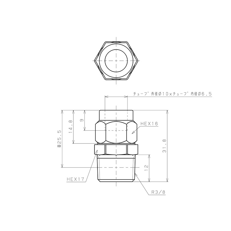 Bản vẽ kỹ thuật Đầu Ngạnh Nối Ống Có Đai Ốc Xiết Dạng Thẳng Thân Lục Giác Ren Ngoài Pisco NKC1065-03