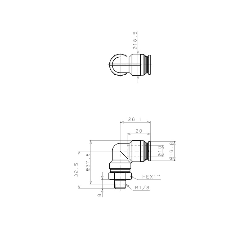 Bản vẽ kỹ thuật Đầu Nối Nhanh Khí Nén Dạng Cong 90° Ren Ngoài Pisco KL10-01-1