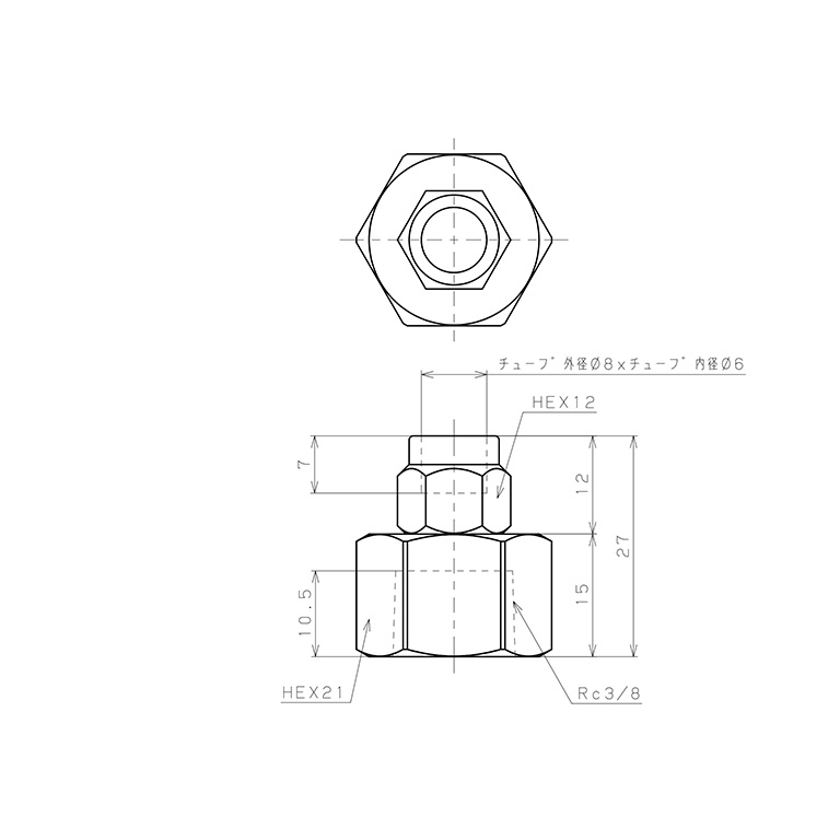 Bản vẽ kỹ thuật Đầu Ngạnh Nối Ống Có Đai Ốc Xiết Dạng Thẳng Thân Lục Giác Ren Trong Pisco NKCF0860-03