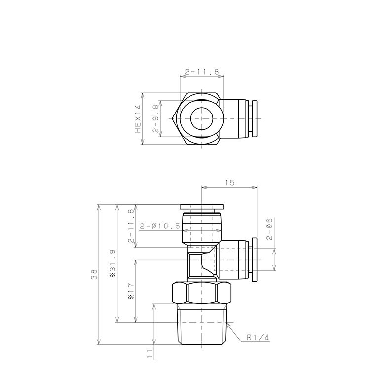 Bản vẽ kỹ thuật Đầu Nối Nhanh Khí Nén Dạng Chữ T Ren Ngoài Pisco PD6-02M