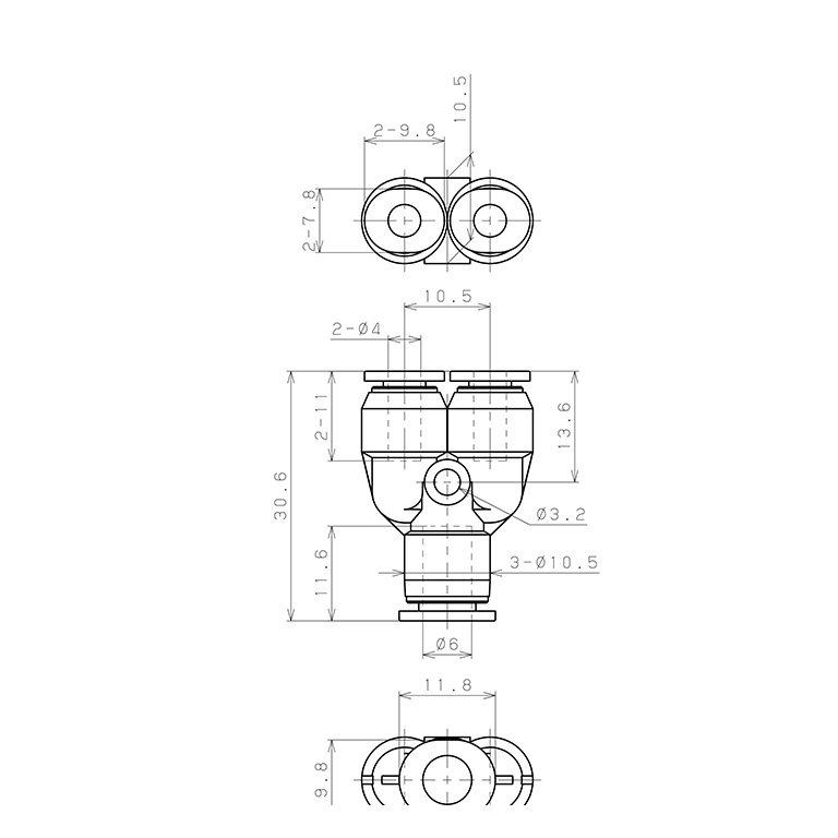Bản vẽ kỹ thuật Đầu Nối Nhanh Khí Nén Chữ Y Dạng Nối Giảm Pisco PW6-4MW-C