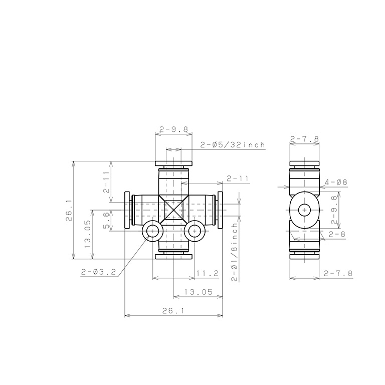 Bản vẽ kỹ thuật Đầu Nối Nhanh Khí Nén Ngã 4 Dạng Nối Giảm Pisco PZB5/32-1/8M
