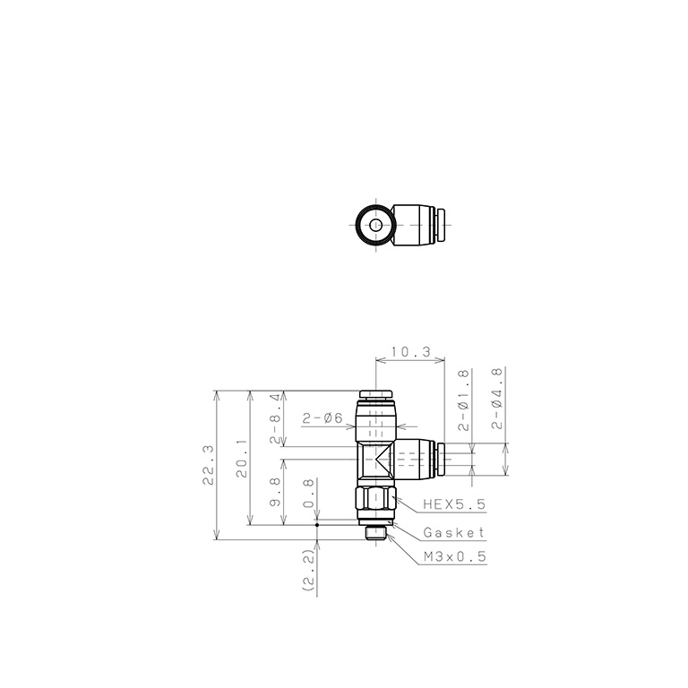 Bản vẽ kỹ thuật Đầu Nối Nhanh Khí Nén Dạng Chữ T Ren Ngoài Pisco PD180-M3M-C