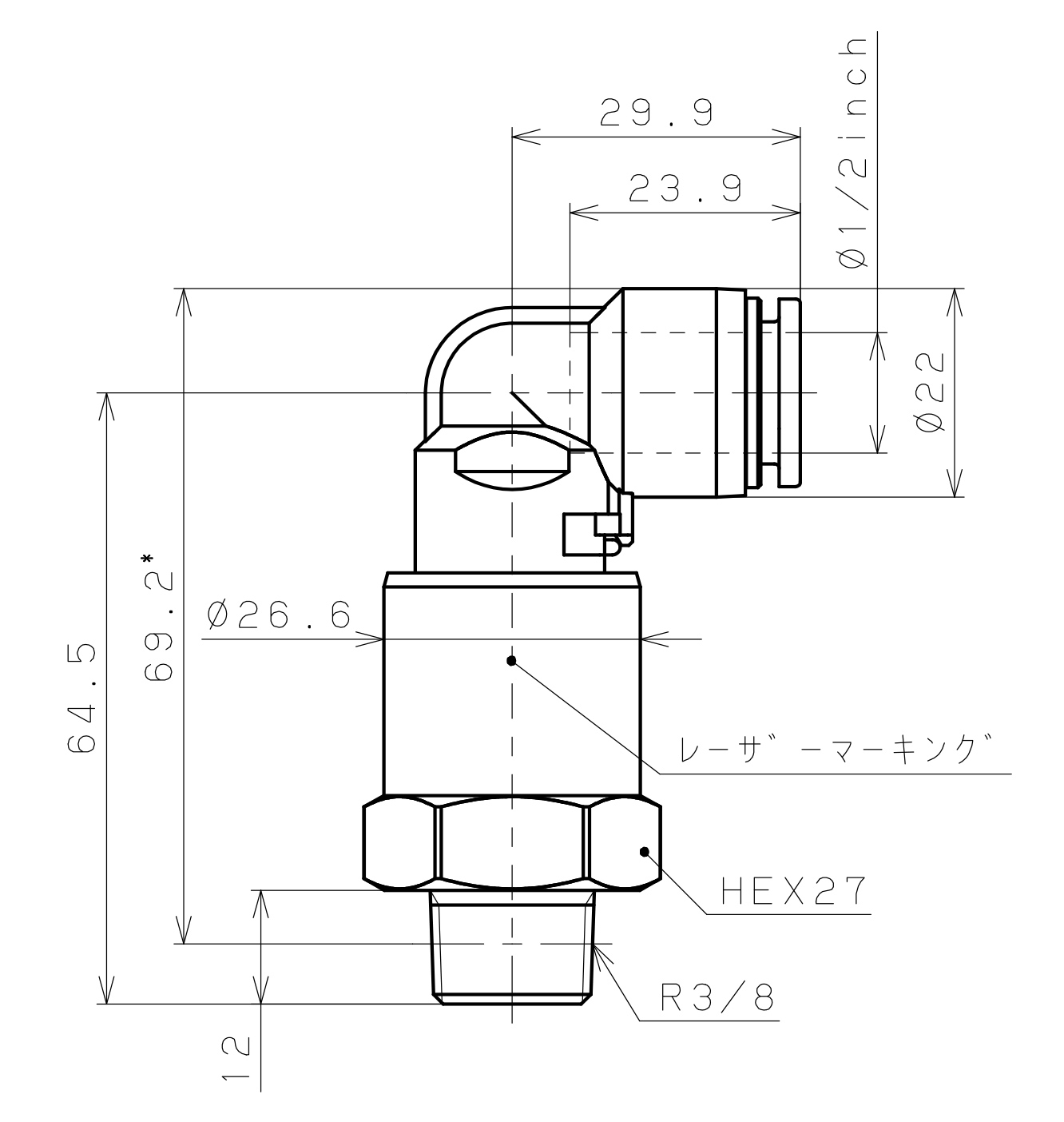 Bản vẽ kỹ thuật Đầu Nối Nhanh Khí Nén Dạng Thẳng Ren Ngoài Có Khớp Xoay Pisco RWL1/2-03SUS