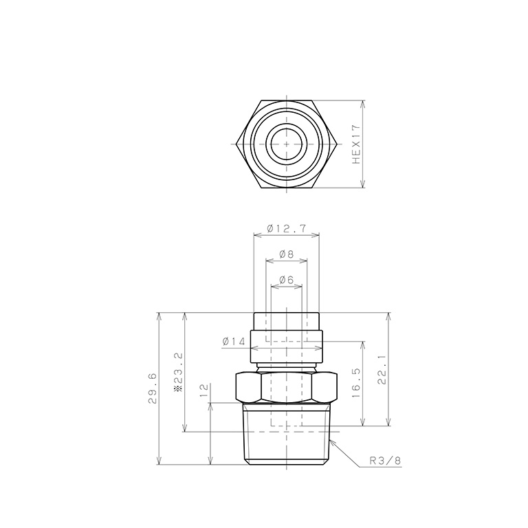 Bản vẽ kỹ thuật Đầu Nối Nhanh Khí Nén Dạng Thẳng Thân Lục Giác Ren Ngoài Pisco PC6-03V-0