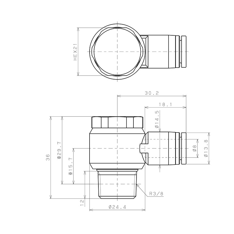 Bản vẽ kỹ thuật Đầu Nối Nhanh Khí Nén Cong 90° Đầu Lục Giác Trụ Ren Ngoài Pisco SPH8-03-UC