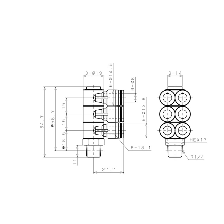 Bản vẽ kỹ thuật Đầu Nối Nhanh Khí Nén Sáu Nhánh Cong 90° Thân Lục Giác Trụ Ren Ngoài Pisco SPAT8-02