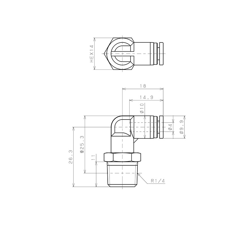Bản vẽ kỹ thuật Đầu Nối Nhanh Khí Nén Dạng Cong 90° Ren Ngoài Pisco SPL4-02-UC