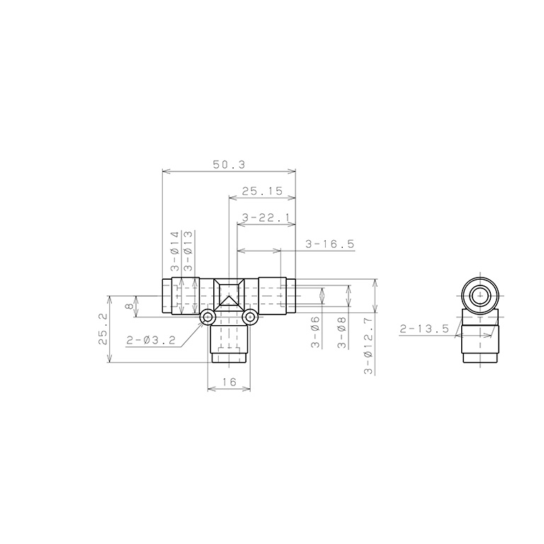 Bản vẽ kỹ thuật Đầu Nối Nhanh Khí Nén Chữ T Pisco PE6V-0