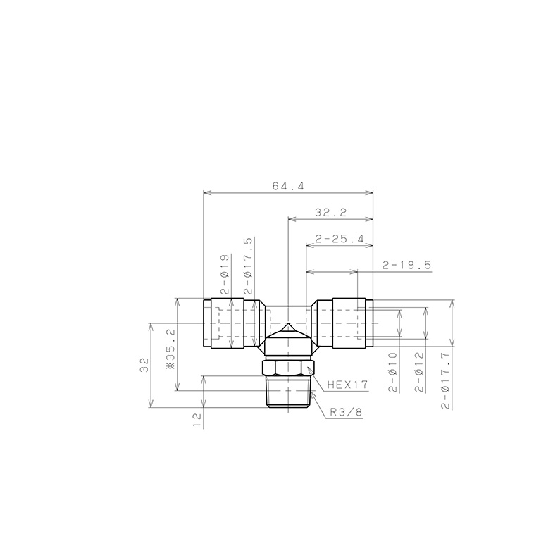 Bản vẽ kỹ thuật Đầu Nối Nhanh Khí Nén Dạng Chữ T Ren Ngoài Pisco PB10-03V-0