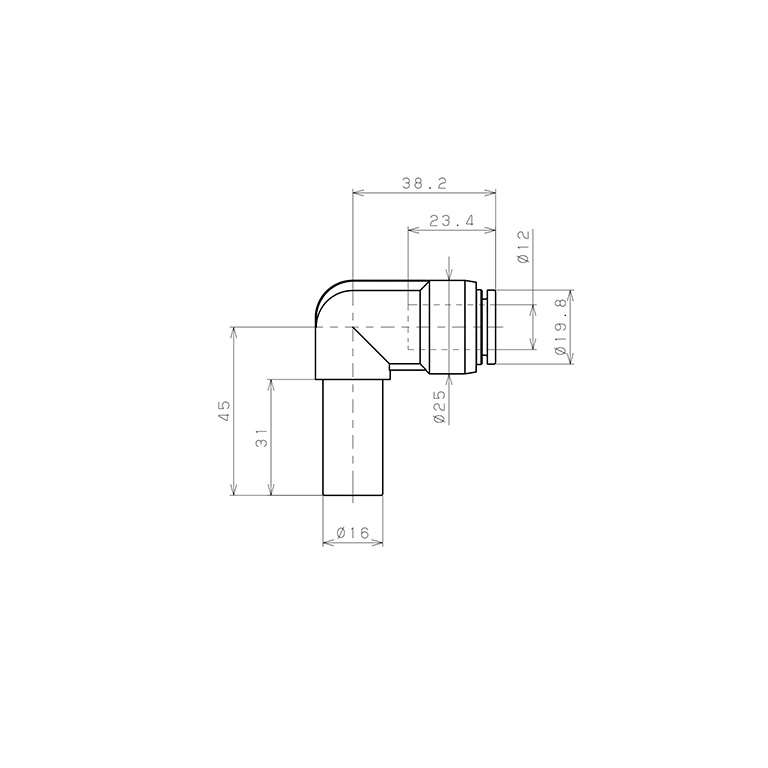 Bản vẽ kỹ thuật Đầu Nối Nhanh Khí Nén Giữa Ống Khí Và Fitting Dạng Nối Giảm Cong 90° Pisco SPLGJ16-12-UC