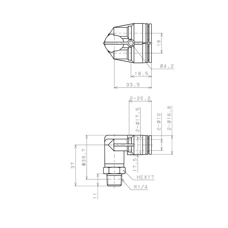 Bản vẽ kỹ thuật Đầu Nối Nhanh Khí Nén Hai Nhánh Cong 90° Ren Ngoài Pisco SPAX10-02