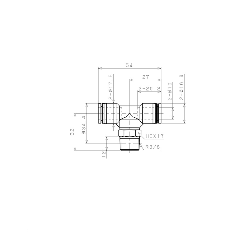 Bản vẽ kỹ thuật Đầu Nối Nhanh Khí Nén Dạng Chữ T Ren Ngoài Pisco PB10-03W