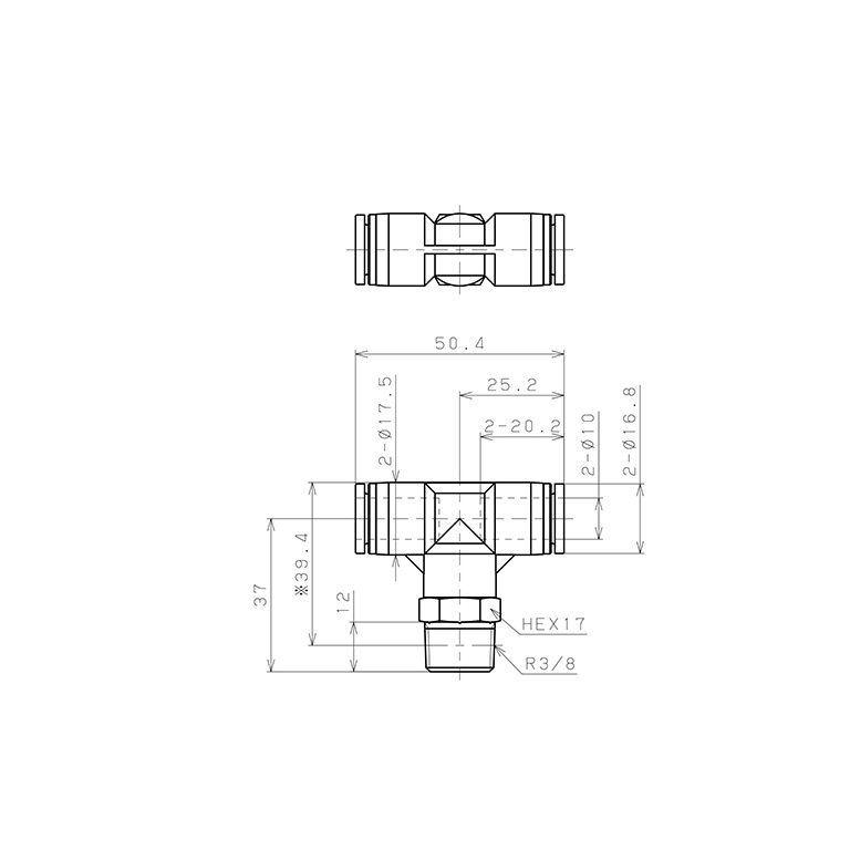 Bản vẽ kỹ thuật Đầu Nối Nhanh Khí Nén Dạng Chữ T Ren Ngoài Pisco SPPB10-03SP