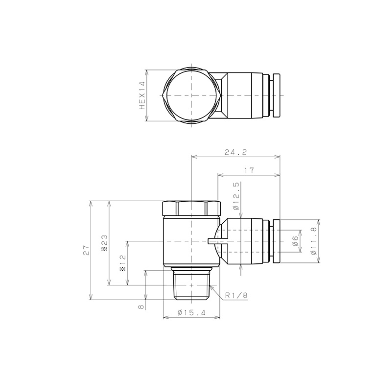 Bản vẽ kỹ thuật Đầu Nối Nhanh Khí Nén Cong 90° Đầu Lục Giác Trụ Ren Ngoài Pisco SPH6-01-UC