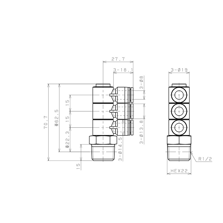 Bản vẽ kỹ thuật Đầu Nối Nhanh Khí Nén Ba Nhánh Cong 90° Thân Lục Giác Trụ Ren Ngoài Pisco SPHT8-04