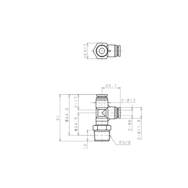 Bản vẽ kỹ thuật Đầu Nối Nhanh Khí Nén Dạng Chữ T Ren Ngoài Pisco SPD6-03