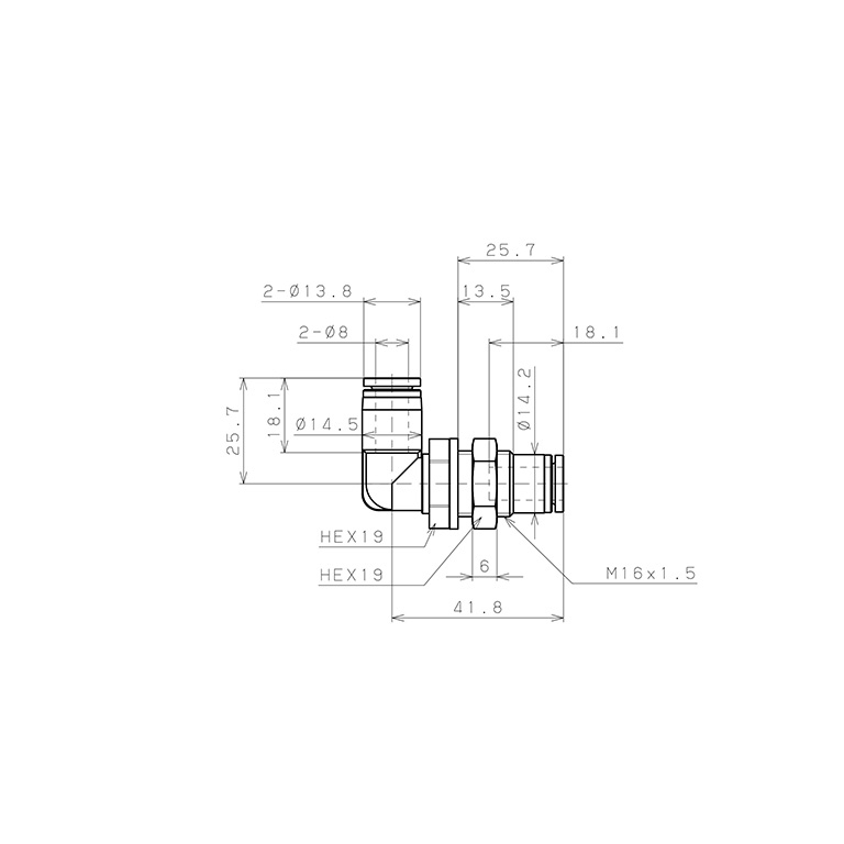 Bản vẽ kỹ thuật Đầu Nối Nhanh Khí Nén Cong 90° Ren Ngoài Lắp Kẹp Vách Pisco SPML8-UC