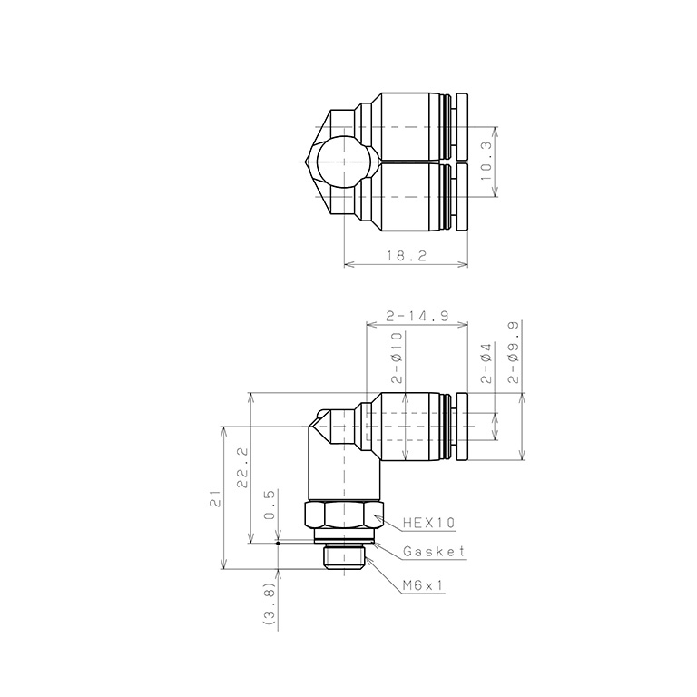 Bản vẽ kỹ thuật Đầu Nối Nhanh Khí Nén Hai Nhánh Cong 90° Ren Ngoài Pisco PAX4-M6W