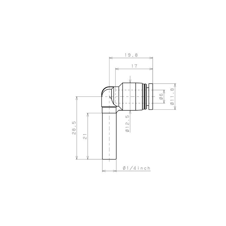Bản vẽ kỹ thuật Đầu Nối Nhanh Khí Nén Giữa Ống Khí Và Fitting Dạng Nối Giảm Cong 90° Pisco PLGJ1/4-6W-C