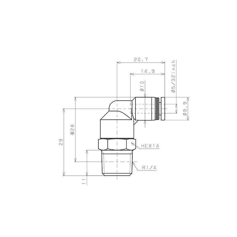 Bản vẽ kỹ thuật Đầu Nối Nhanh Khí Nén Dạng Cong 90° Ren Ngoài Pisco PL5/32-02W