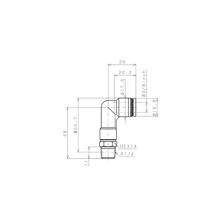 Bản vẽ kỹ thuật Đầu Nối Nhanh Khí Nén Dạng Cong 90° Ren Ngoài (Dài) Pisco PLL3/8-02