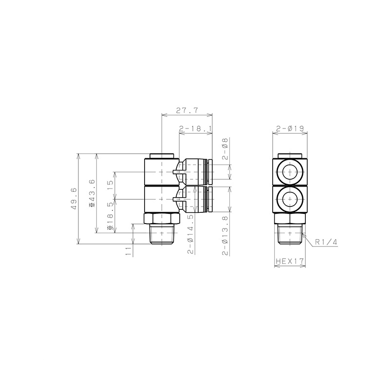 Bản vẽ kỹ thuật Đầu Nối Nhanh Khí Nén Hai Nhánh Cong 90° Thân Lục Giác Trụ Ren Ngoài Pisco PHW8-02-C