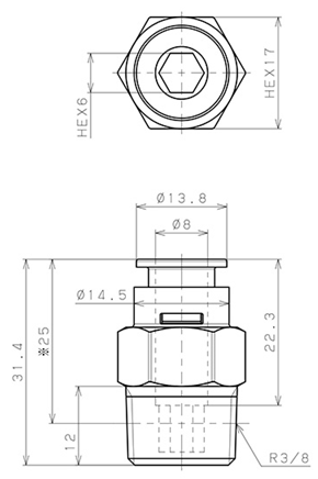 Bản vẽ kỹ thuật Đầu Nối Nhanh Khí Nén Dạng Thẳng Thân Lục Giác Ren Ngoài Pisco APC8-03-E-TP
