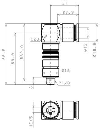 Bản vẽ kỹ thuật Bộ Đầu Ngạnh Nối Ống Dẫn Điều Khiển Nhiệt Độ Khuôn Đúc Dạng Cong 90°, Có Van Tự Ngắt Pisco ASL10-1201