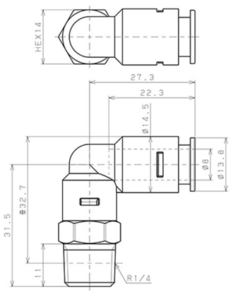 Bản vẽ kỹ thuật Đầu Nối Nhanh Khí Nén Dạng Cong 90° Ren Ngoài Pisco APL8-02