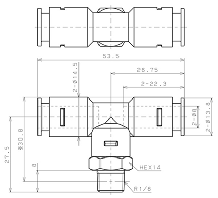 Bản vẽ kỹ thuật Đầu Nối Nhanh Khí Nén Dạng Chữ T Ren Ngoài Pisco APB8-01-E-C