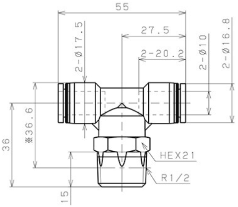 Bản vẽ kỹ thuật Đầu Nối Nhanh Khí Nén Chữ T Phi 10mm Ren Ngoài R1/2 Pisco PB10-04