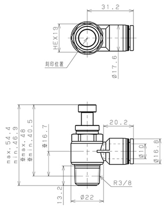Bản vẽ kỹ thuật Van Tiết Lưu Khí Nén Cong 90° OD 10mm Ren Ngoài R3/8 Pisco JSC10-03A