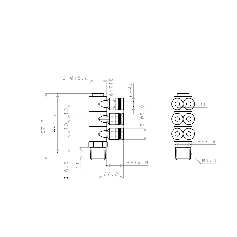 Bản vẽ kỹ thuật Đầu Nối Nhanh Khí Nén Sáu Nhánh Cong 90° Thân Lục Giác Trụ Ren Ngoài Pisco PAT4-02-C