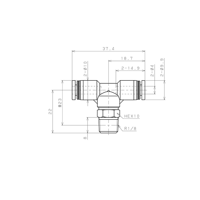 Bản vẽ kỹ thuật Đầu Nối Nhanh Khí Nén Dạng Chữ T Ren Ngoài Pisco PB4-01W-C
