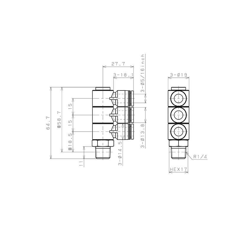 Bản vẽ kỹ thuật Đầu Nối Nhanh Khí Nén Ba Nhánh Cong 90° Thân Lục Giác Trụ Ren Ngoài Pisco PHT5/16-02