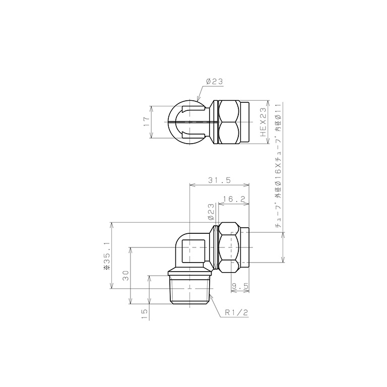 Bản vẽ kỹ thuật Đầu Ngạnh Nối Ống Có Đai Ốc Xiết Dạng Cong 90° Ren Ngoài Pisco NKL1611-04