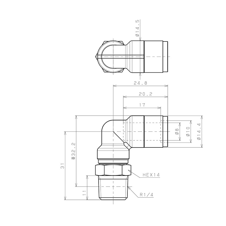 Bản vẽ kỹ thuật Đầu Nối Nhanh Khí Nén Dạng Cong 90° Ren Ngoài Pisco KL8-02-F