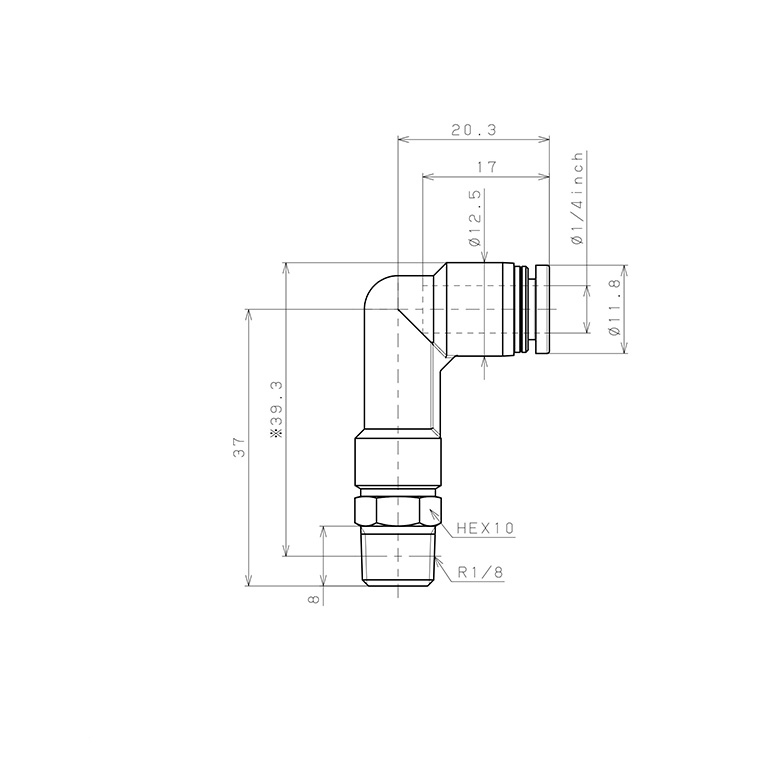 Bản vẽ kỹ thuật Đầu Nối Nhanh Khí Nén Dạng Cong 90° Ren Ngoài (Dài) Pisco PLL1/4-01-C