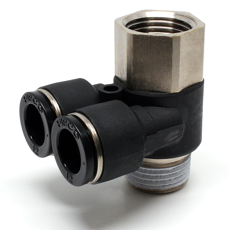 Đầu Nối Nhanh Khí Nén Hai Nhánh Cong 90° Đầu Lục Giác Trụ Ren Đực Cái Pisco PAF12-04