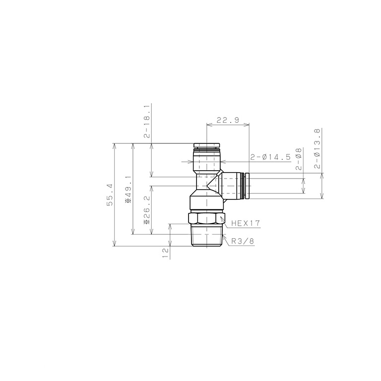 Bản vẽ kỹ thuật Đầu Nối Nhanh Khí Nén Dạng Chữ T Ren Ngoài Pisco PD8-03W-C