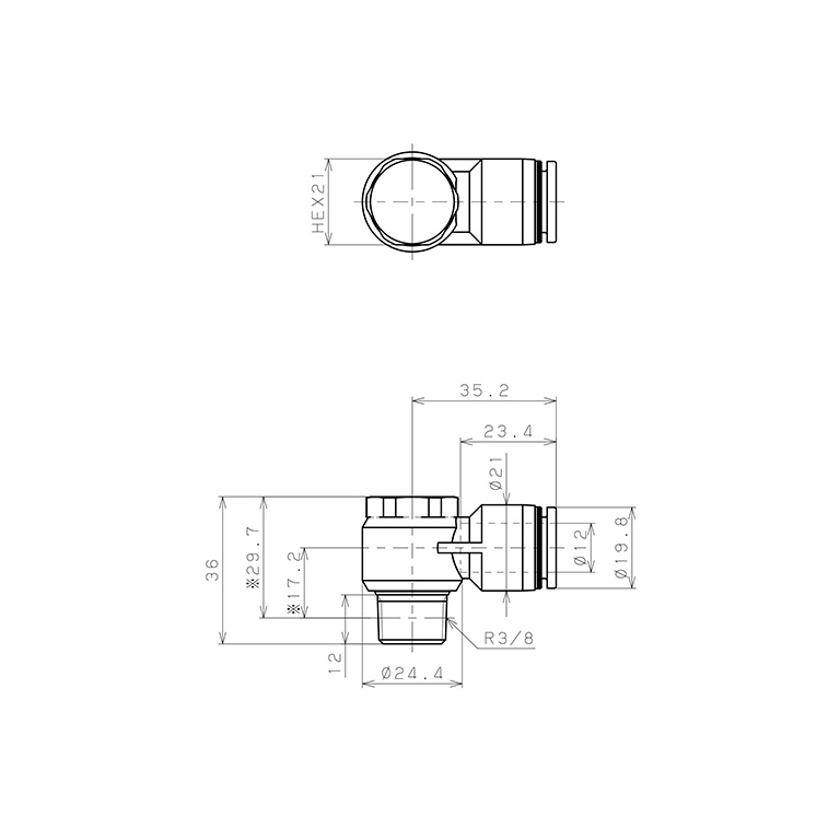 Bản vẽ kỹ thuật Đầu Nối Nhanh Khí Nén Cong 90° Đầu Lục Giác Trụ Ren Ngoài Pisco PH12-03W