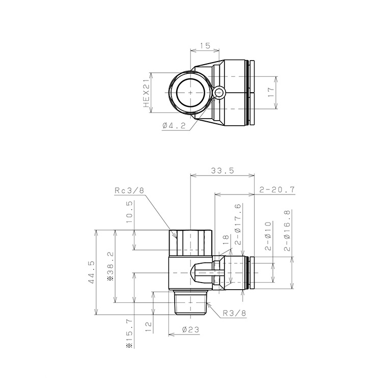 Bản vẽ kỹ thuật Đầu Nối Nhanh Khí Nén Hai Nhánh Cong 90° Đầu Lục Giác Trụ Ren Đực Cái Pisco PAF10-03W