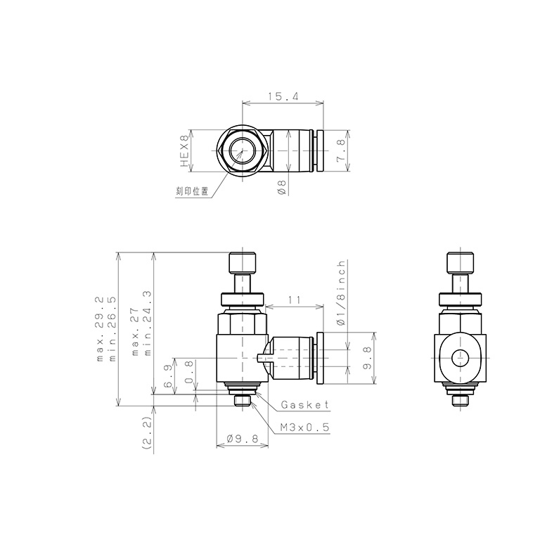 Bản vẽ kỹ thuật Van Tiết Lưu Khí Nén Pisco JSC1/8-M3AK-C