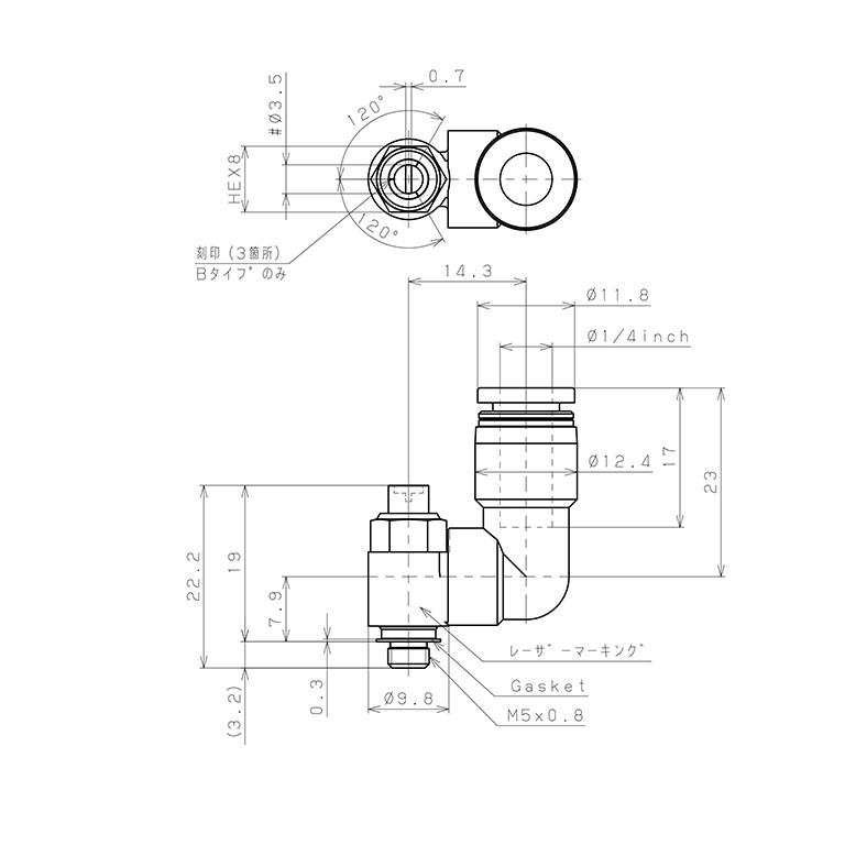 Bản vẽ kỹ thuật Van Tiết Lưu Khí Nén Đầu Vít Dẹp Pisco JSDS1/4-M5B-C