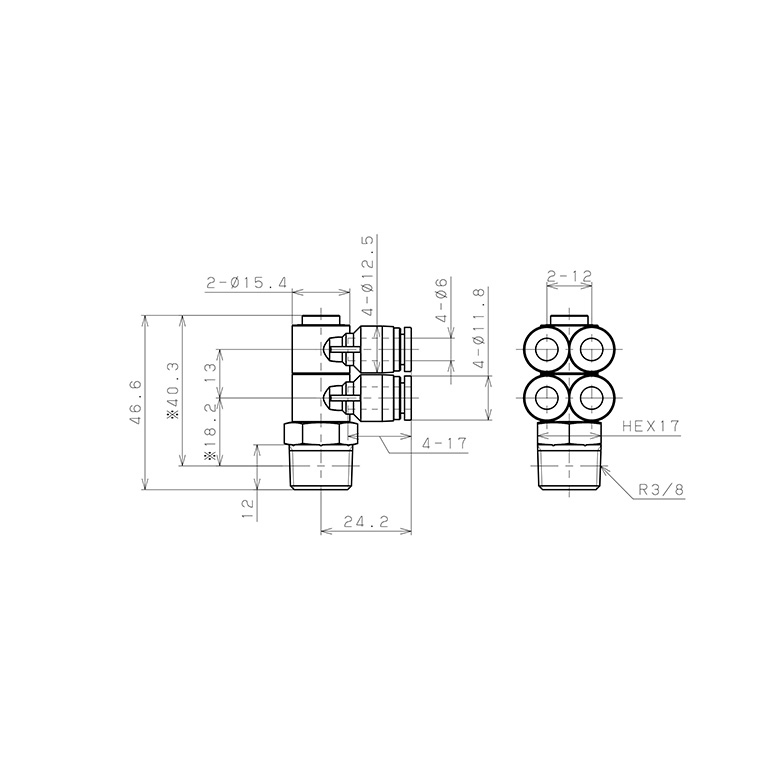 Bản vẽ kỹ thuật Đầu Nối Nhanh Khí Nén Bốn Nhánh Cong 90° Thân Lục Giác Trụ Ren Ngoài Pisco SPAW6-03
