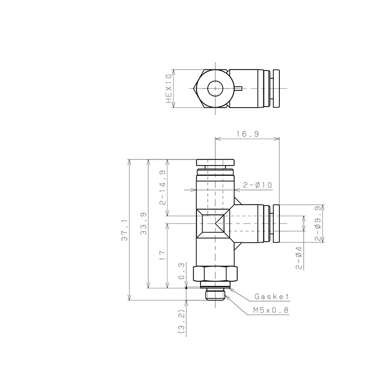Bản vẽ kỹ thuật Đầu Nối Nhanh Khí Nén Dạng Chữ T Ren Ngoài Pisco SPD4-M5