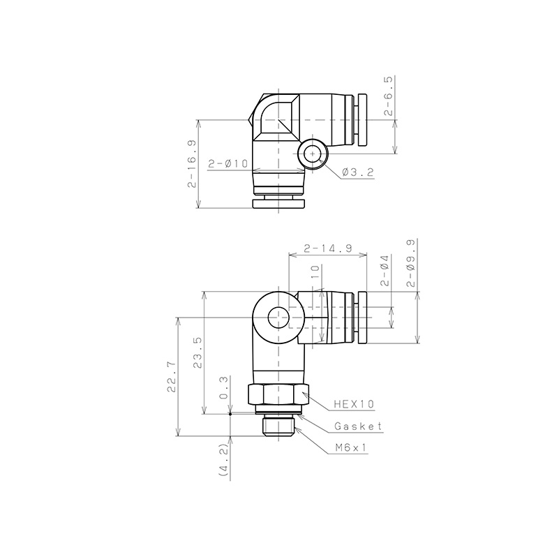 Bản vẽ kỹ thuật Đầu Nối Nhanh Khí Nén Hai Nhánh Chạc Ba Cong 90° Ren Ngoài Pisco SPVX4-M6