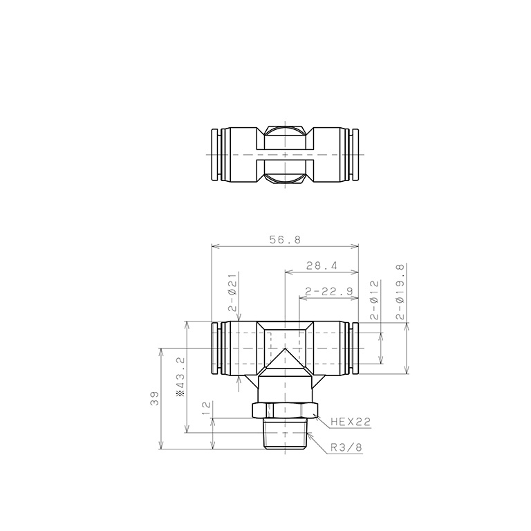 Bản vẽ kỹ thuật Đầu Nối Nhanh Khí Nén Dạng Chữ T Ren Ngoài Pisco SPPB12-03