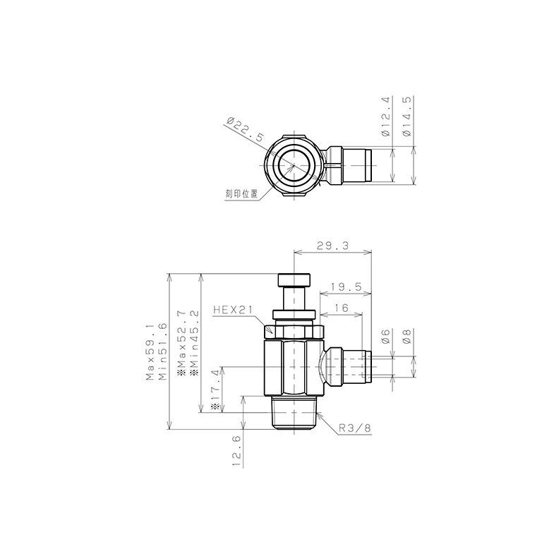 Bản vẽ kỹ thuật Van Tiết Lưu Khí Nén Bằng Đồng Mạ Niken Pisco KJSC6-03B